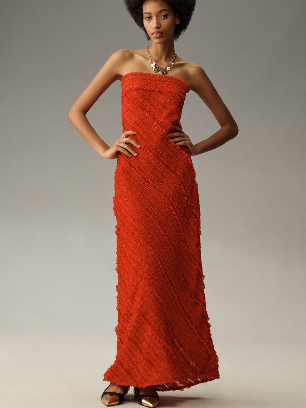 Endless Rose Strapless Textured Maxi Dress in Vibrant Orange